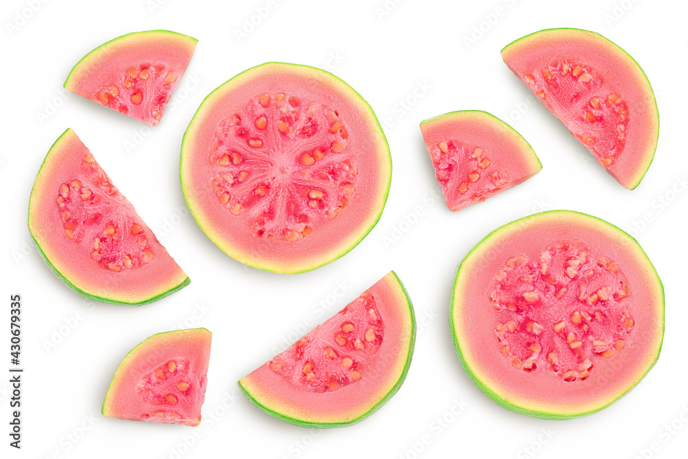 Guava fruit slices isolated on white background with clipping path and full depth of field. Top view. Flat lay Guava fruit slices isolated on white background with clipping path and full depth of field. Top view. Flat lay