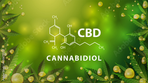 Chemical formula of CBD cannabidiol on green blurred background with cannabis leafs, and CBD oil gold bubbles
