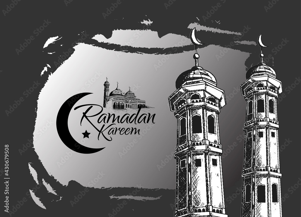 Obraz premium Ramadan Mubarak with mosque tower illustration hand drawn isolated on black background