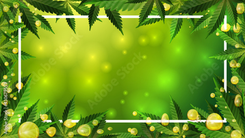Frame of green cannabis leaves. Template frame decorated with cannabis leaves on green blurred background with cannabis leafs, and CBD oil gold bubbles