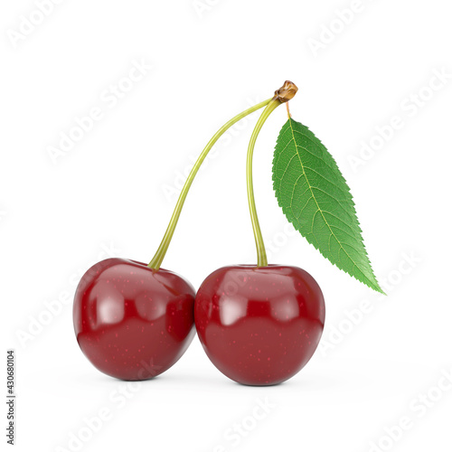 Fresh  Cherry Fruit with Leaf. 3d Rendering