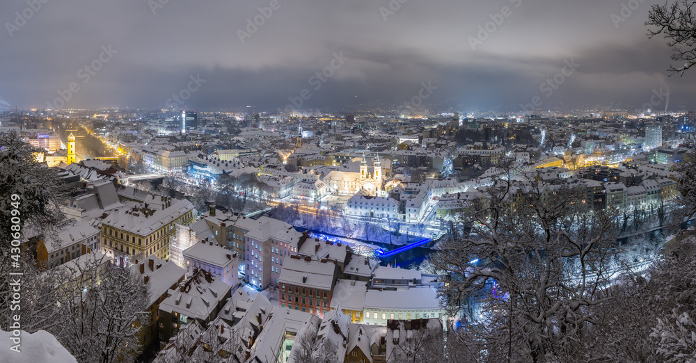 Scenic night view of the city of Graz in winter