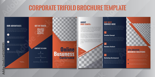 Business Brochure Template in Tri Fold Layout. Corporate Design Leaflet with a replicable image.Tri-Fold Brochure Layout, Square geometric vector business trifold Leaflet Brochure Flyer template flat.