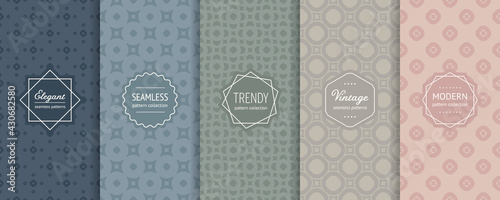Vector geometric seamless patterns. Collection of subtle background swatches with elegant minimal labels. Cute abstract ltextures with circles, squares, simple shapes. Pastel colors, blue, green, pink