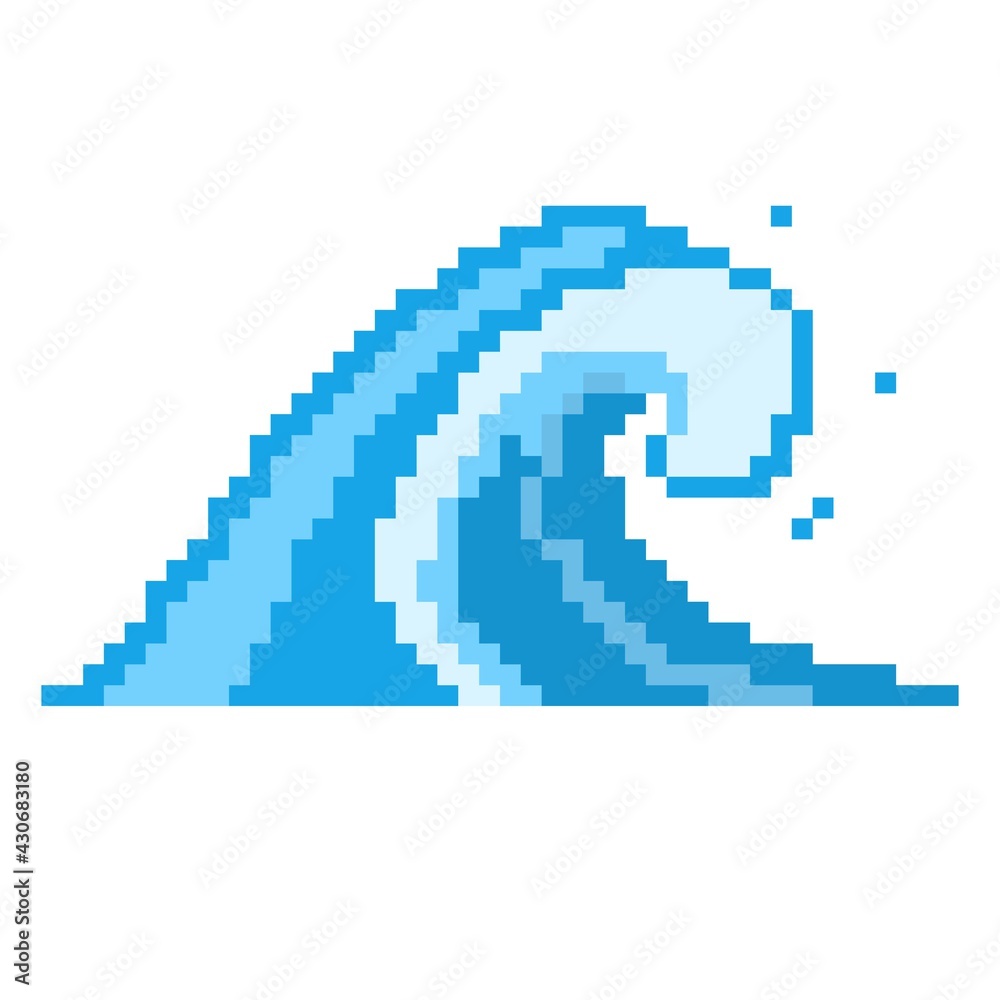 Fototapeta premium Sea pixel wave icon. Powerful blue tsunami rushing shore huge storm waves with white foam and high stream for successful vector surfing.