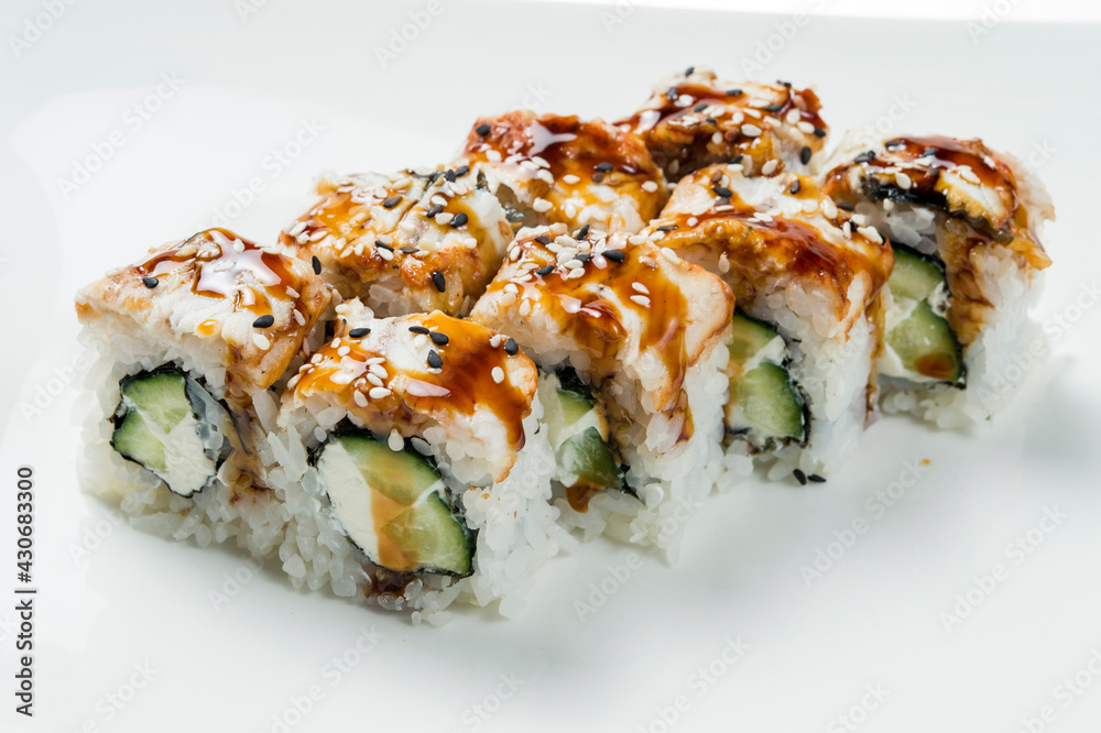 rolls with tuna and philadelphia cheese, decorated with sesame seeds isolated on white background rolls with tuna and philadelphia cheese, decorated with sesame seeds isolated on white background