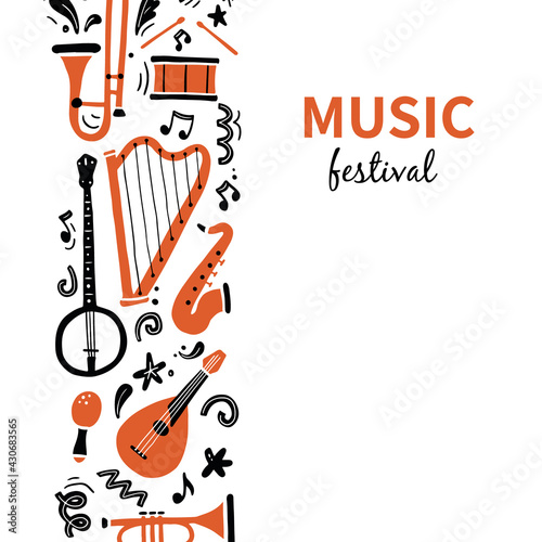 Hand drawn music festival banners template with musical instrument. Doodle sketch style. Vector illustration forsic festival flyer, brochure background
