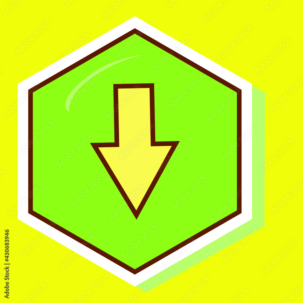 Simple brown stroke arrow pointing down on a green hexagon. Royalty-free. Simple brown stroke arrow pointing down on a green hexagon. Royalty-free.