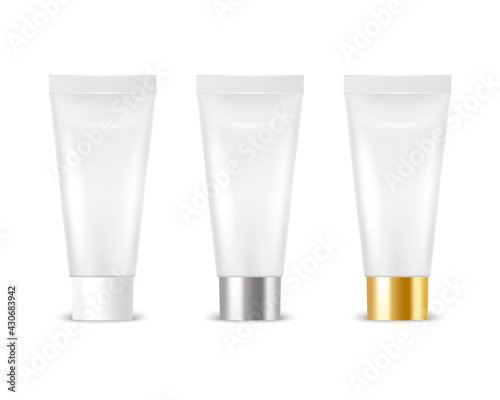 Vector 3d Realistic Plastic, Metal White Tooth Paste, Cream Tube, Packing Set Isolated on White Background. Design Template of Toothpaste, Cosmetics, Cream, Tooth Paste for Mockup. Front View