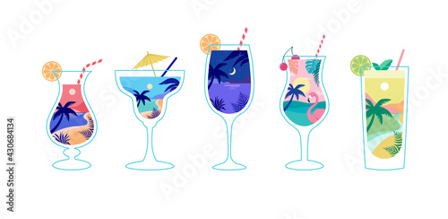 Summer time fun concept design with cocktails. Creative background of landscape, panorama of sea and beach on cocktail glasses. Summer sale, post template