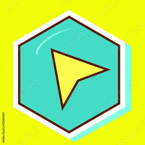 Simple brown stroke location arrow on a blue hexagon. Royalty-free.