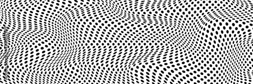 Simple wavy background. Vector illustration of polka dots pattern with optical illusion, op art. Long horizontal banner.