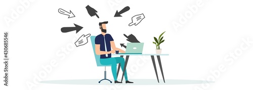 Cyber bullying. Internet abuse or online troll. Social media problem with hater comments concept. Depressed teenager man sitting alone with computer laptop and mouse hand cursors pointing on her.