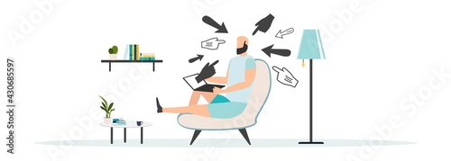 Cyber bullying. Internet abuse or online troll. Social media problem with hater comments concept. Depressed teenager man sitting alone with computer laptop and mouse hand cursors pointing on her.