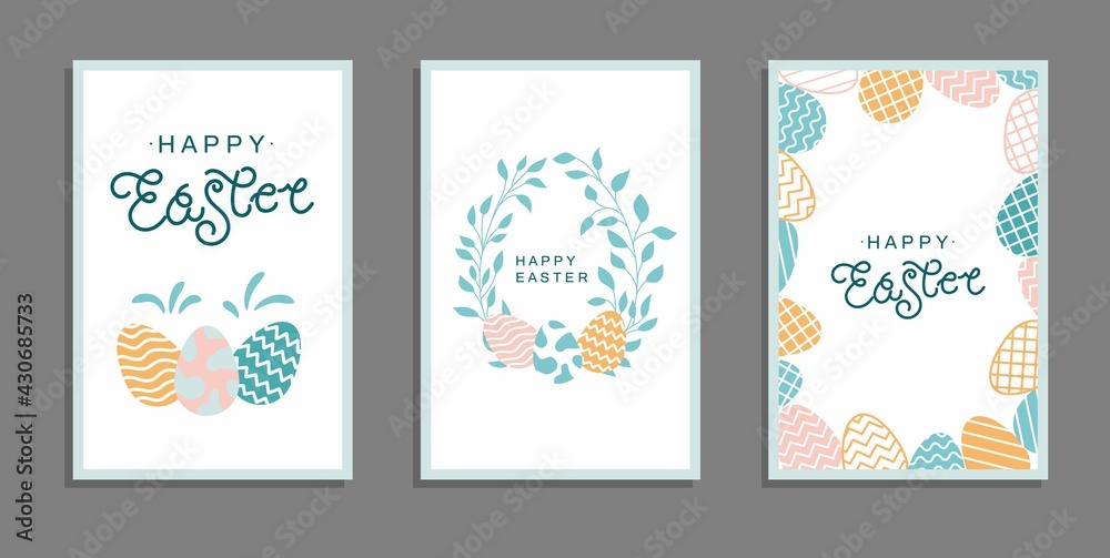 Set of Easter cards. Cute easter eggs,  branch and leaves. Vector flat cartoon illustration. Perfect for poster, print, card, invitation, greeting, tag