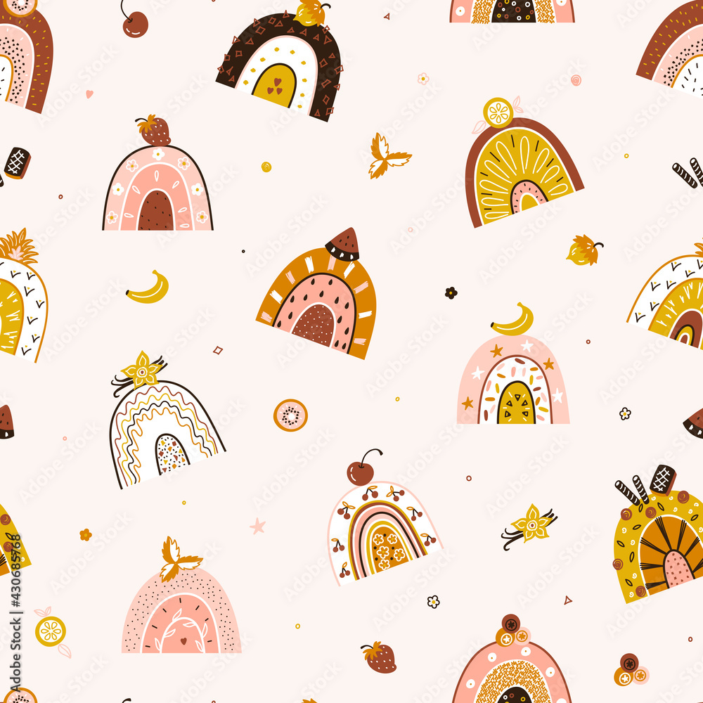Cute Fruit and Berry Rainbow Seamless Pattern for Kids. Cartoon Colorful Sweet Rainbows. Perfect Childish Background for Birthday Party, Baby Fashion. Vector illustration Cute Fruit and Berry Rainbow Seamless Pattern for Kids. Cartoon Colorful Sweet Rainbows. Perfect Childish Background for Birthday Party, Baby Fashion. Vector illustration