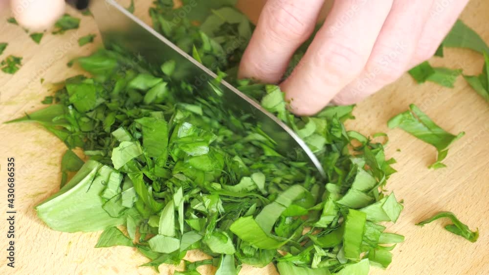 Bowl full of chopped ramsons or wild garlic leaves. Preparing of healthy food in the kitchen with wild bear garlic, the Latine name Allium ursinum Bowl full of chopped ramsons or wild garlic leaves. Preparing of healthy food in the kitchen with wild bear garlic, the Latine name Allium ursinum