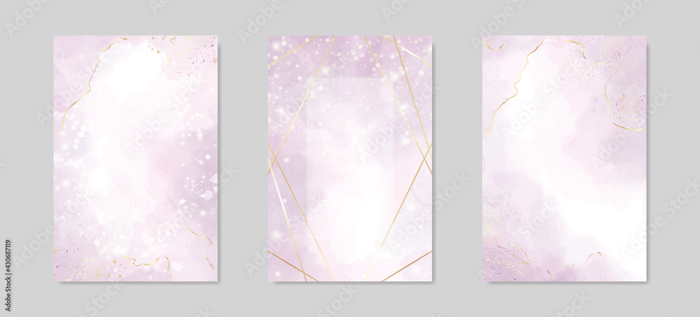 Abstract dusty lavender liquid watercolor background with golden lines, frame and stains. Pastel marble alcohol ink drawing effect. Vector illustration of acrylic fluid art painting