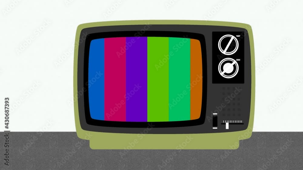 Zoom in then fixed shot on a retro tv with test patterns on screen, drawing flat design Television, vertical multicolored lines, vintage monitor background. Space for text, copy space. No signal.