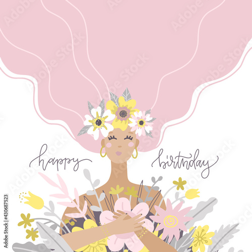 A cute girl holding a bouquet of flowers. Happy birthday greetong card. Vector flat illustration. Design for the holiday of spring, anniversary.