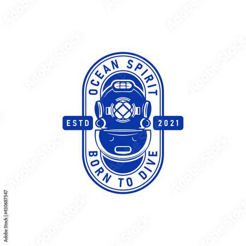 Scuba diving Club label. Diving helmet and emblem. Vector illustration.