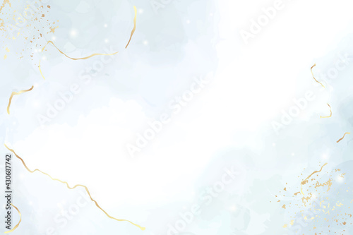 Abstract blue liquid watercolor background with golden crackers. Pastel marble ink drawing effect. Turquoise geode with kintsugi. Vector illustration design template for wedding invitation