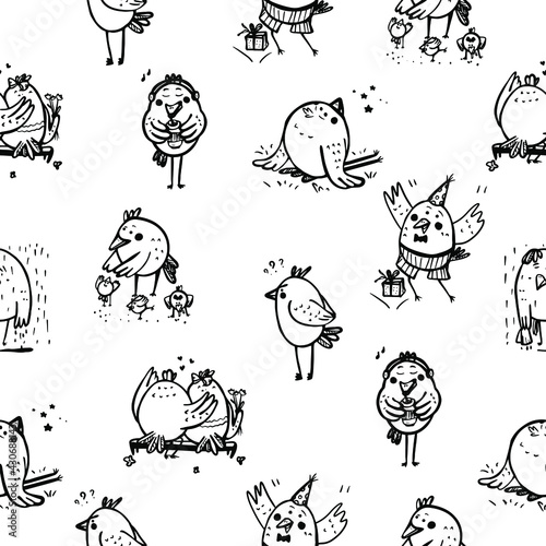 Seamless vector pattern with cartoon chicken in different poses. Outline print with birds in doodle style. 