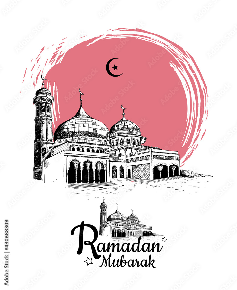Ramadan Mubarak with mosque illustration hand drawn isolated on white background pink brush