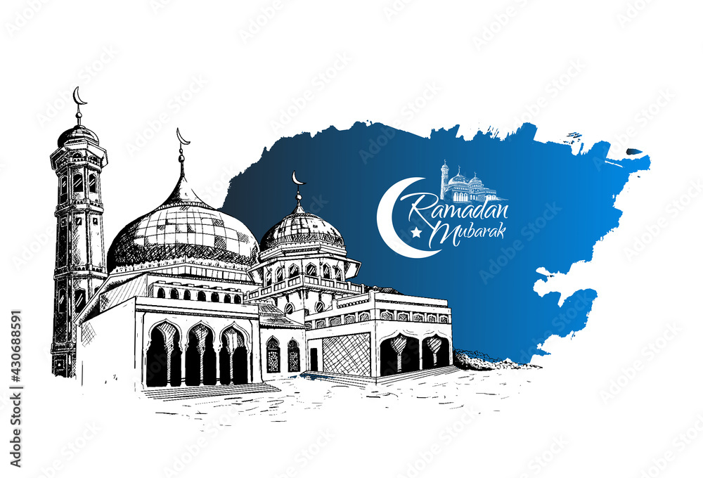 Ramadan Mubarak with mosque illustration hand drawn isolated on white background blue brush