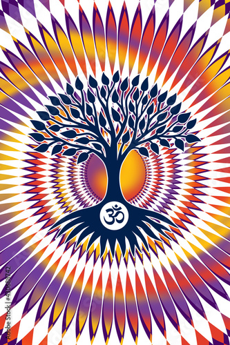 The tree of light on openwork mandala with aum, om, ohm sign in center. Pixel art graphics.