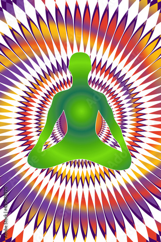 Green yogi on a mandala center, meditation. Graphic art