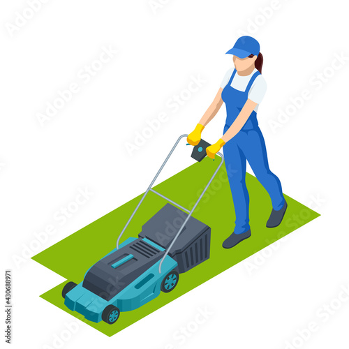 Agricultural work. Woman lawn mower grass cutting farmer harvest in garden . Lawn mover on green grass. Machine for cutting lawns.