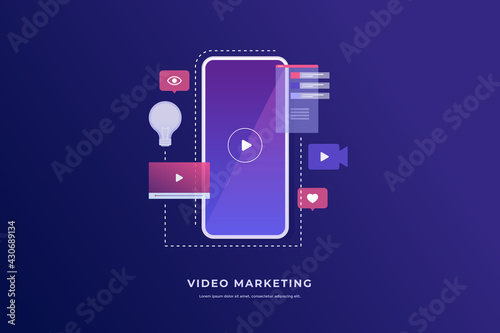 Video marketing concept. Smartphone with an icon of video player and icons for mobile applications. Digital industry. Vector flat illustration.