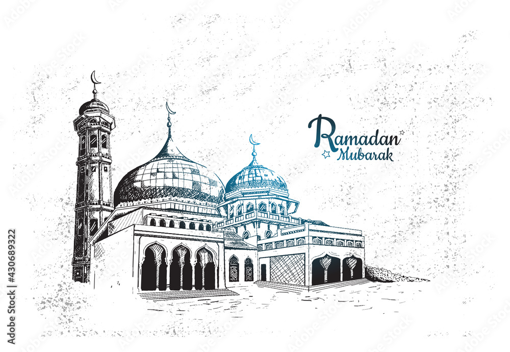 Ramadan Mubarak with mosque illustration isolated on white background