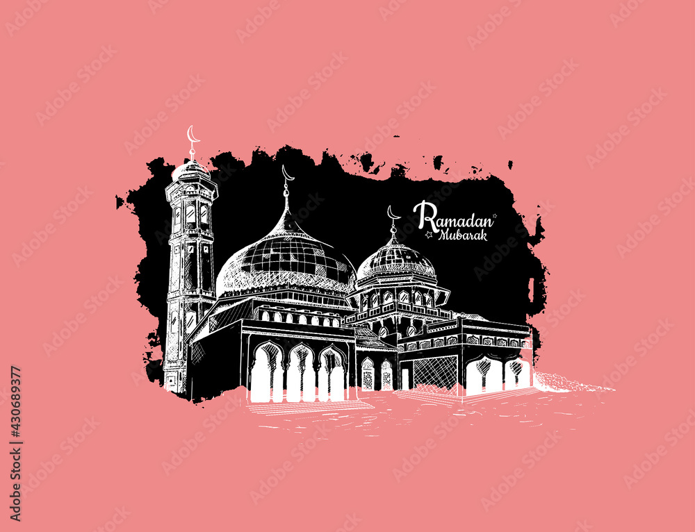 Ramadan Mubarak with mosque illustration isolated on pink background black brush