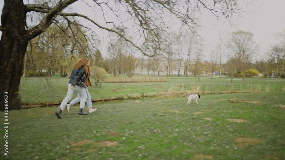 Lesbian LGBT couple running and playing with french bulldog in park Lesbian LGBT couple running and playing with french bulldog in park