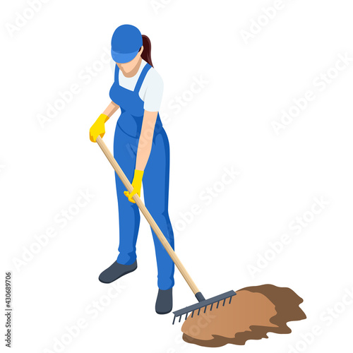 Agricultural work. Woman working in garden with rake leveling ground. Soil preparation for seeding and planting, garden tools, gardening, rake, soil, outdoor work concept.