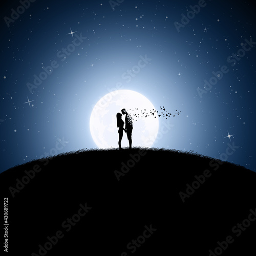 Lovers on bycicle silhouette. Moonlight night. Death and afterlife