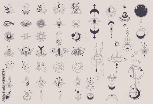 Mystical Elements in a fine line. Magical contour icons Magic and witchcraft, witchy esoteric alchemy, hand-drawn doodles minimalistic symbol and mysterious objects. Flat Isolated vector illustration photo