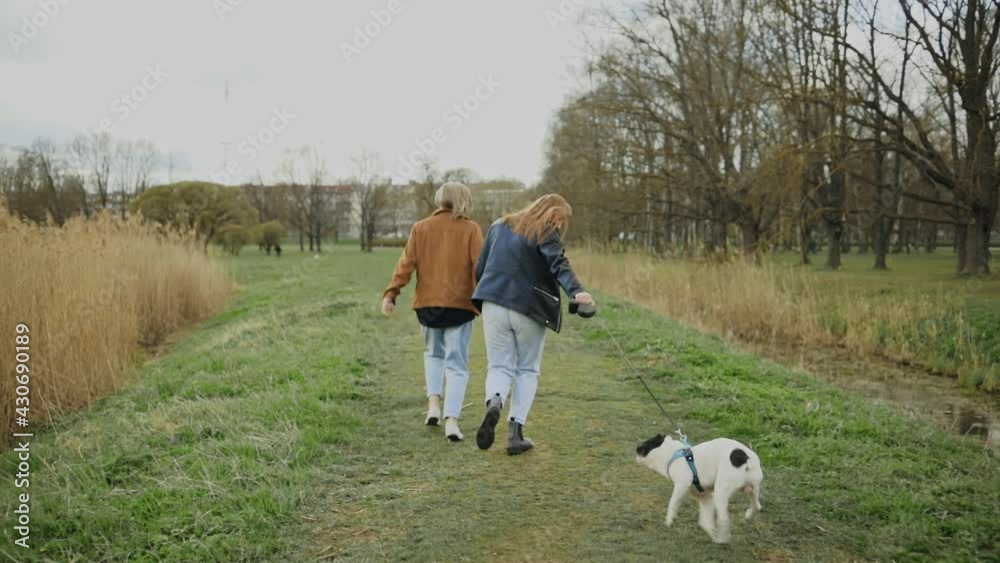 Female LGBT couple running away and playing with french bulldog in park Female LGBT couple running away and playing with french bulldog in park