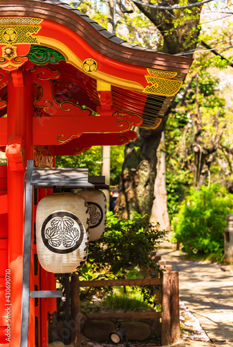 Japanese chochin paper lanterns hanging on the vermilion karamon gate adorned with the coat of arms of the Tokugawa shoguns in the Atago shrine on Mt.Atago. photo