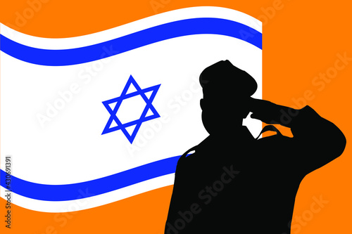 Soldier silhouette salutes the Flag of Israel, Vector. Silhouette of an Israeli soldier in front of the Flag of Israel. Concept: Israeli soldiers, Israeli Memorial day,  Independence Day Israel