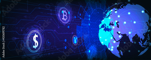 World money with financial communications.World wide web electronic cryptocurrency and modern technology.Online banking,Vector modern technology and financial communications concept.