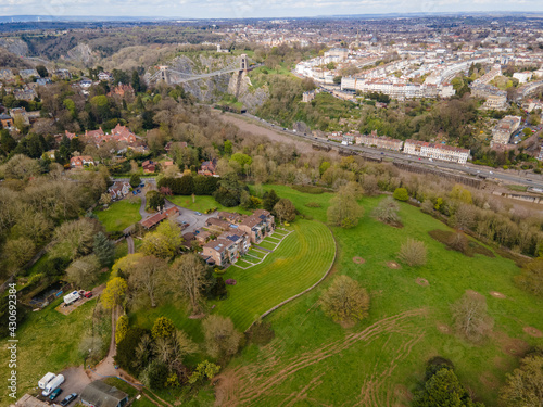 Panorama of Bristol with Clifton Suspension Bridge, Drone PoV. UK