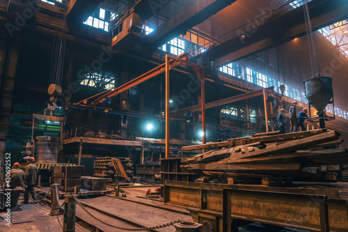 Metallurgical plant foundry workshop production manufacturing building inside interior, heavy industry, industrial steelmaking.