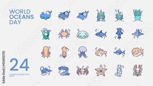 World Ocean Day Color Outline Icon Collection