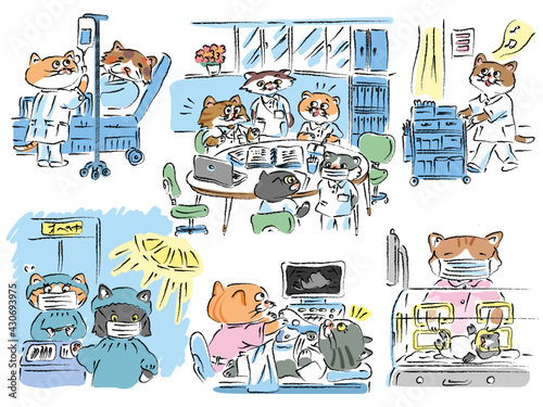 看護師の仕事風景（猫キャラ）