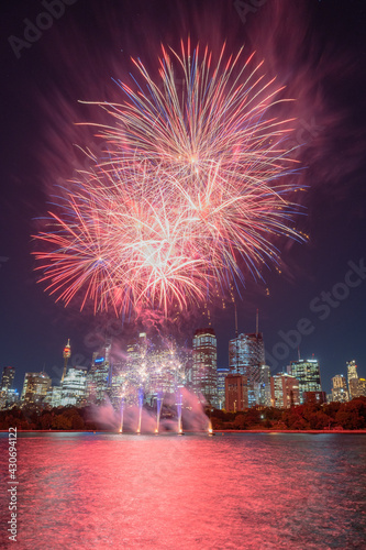 Fireworks over Sydney with skyline in the background