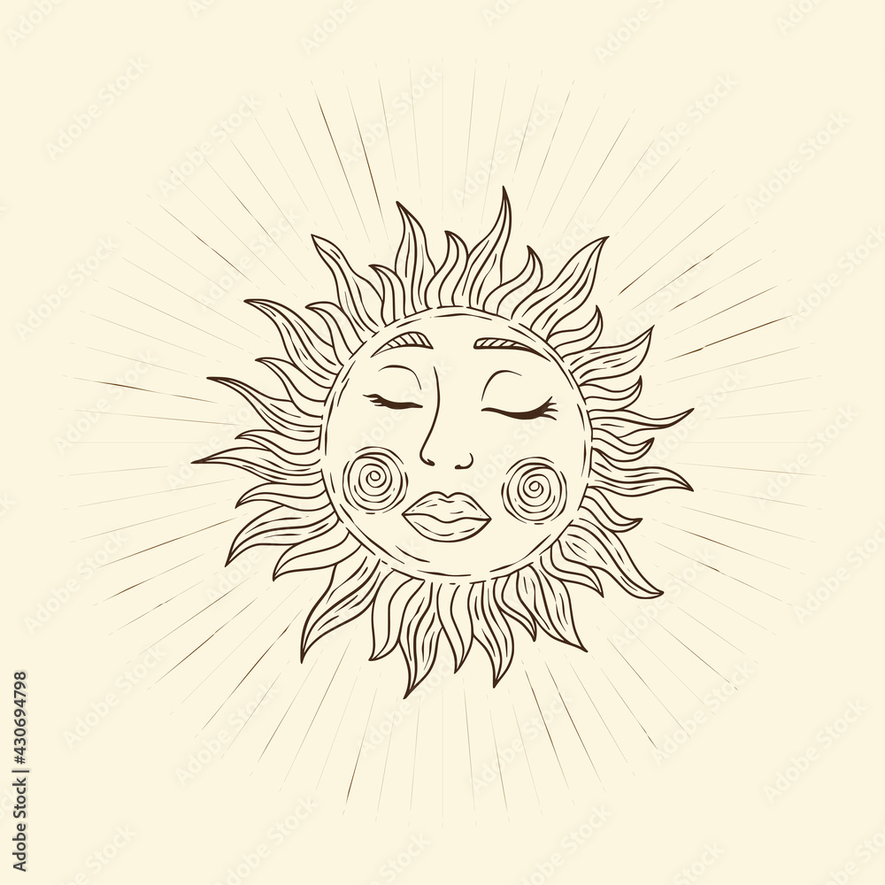 Celestial sun star shine vector. Sacred dreaming line sunshine astrology boho esoteric art.