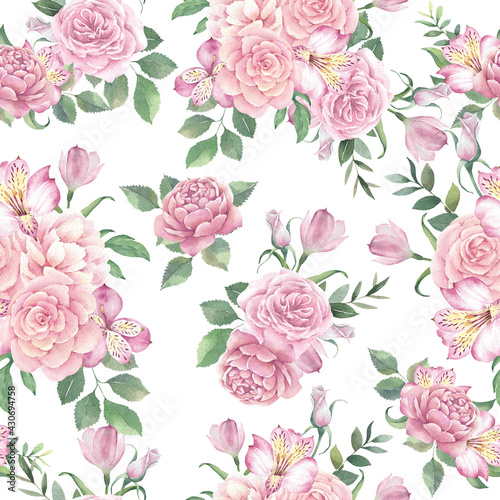 Watercolor seamless pattern with roses on a white background.